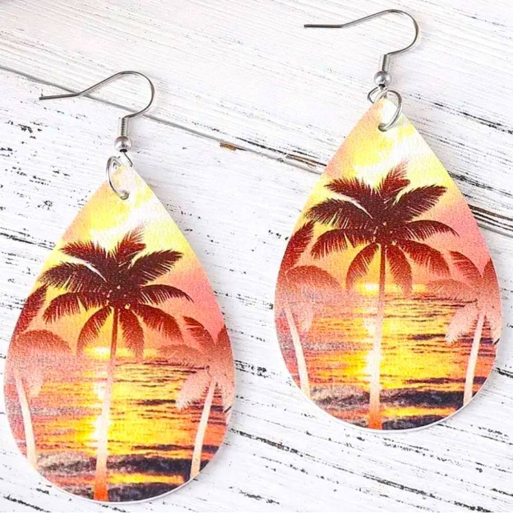 Pair of Vegan Leather Golden Sunset over the Ocean Earrings Palm Trees